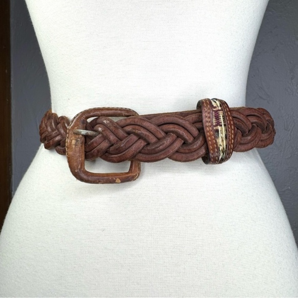 Vintage Brown Braided Belt‎ Rustic Handmade in Mexico Large Distressed